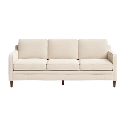 Beige chenille upholstered sofa with curved track arms, loose back cushions, and brown tapered wood legs, in a mid-century modern design.