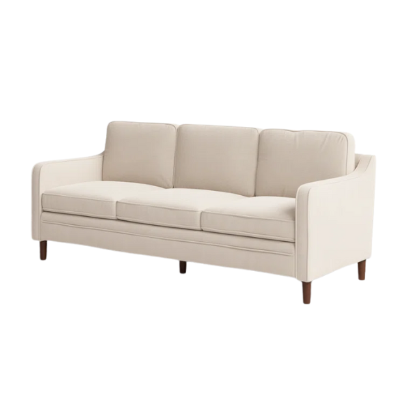 Beige chenille upholstered sofa with curved track arms, loose back cushions, and brown tapered wood legs, in a mid-century modern design.