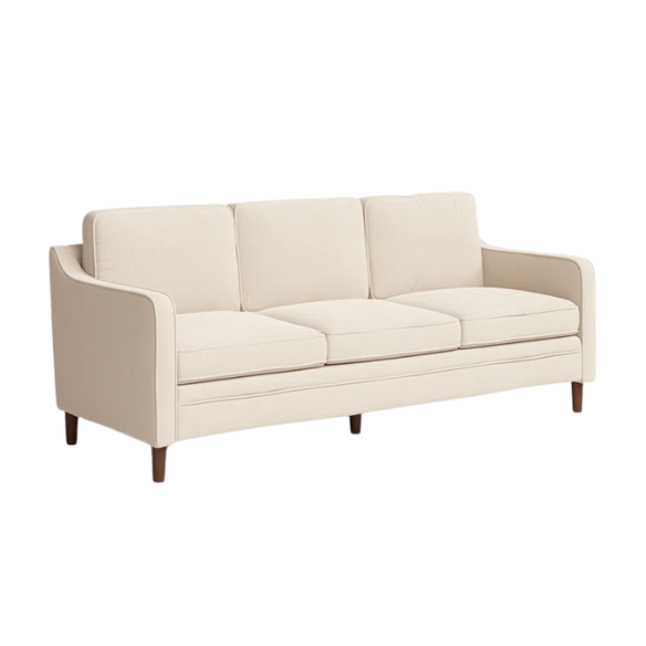 Beige chenille upholstered sofa with curved track arms, loose back cushions, and brown tapered wood legs, in a mid-century modern design.