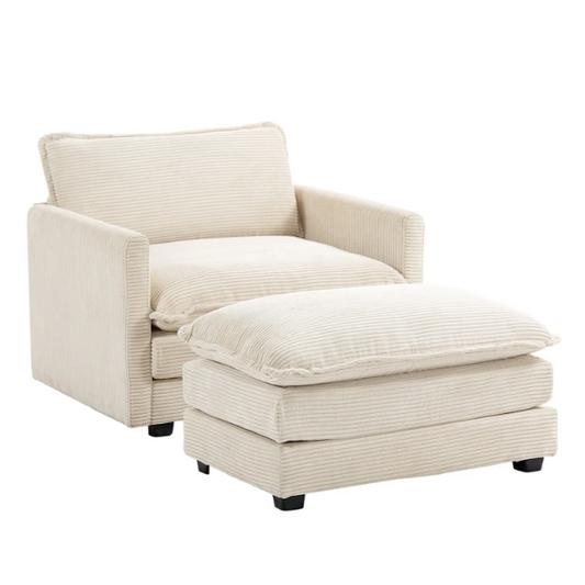 Beige corduroy accent chair with matching ottoman, featuring plush upholstery, durable wood and metal frame, and soft high-resilience foam cushions.