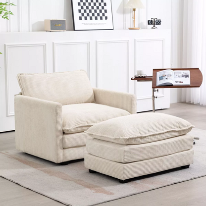 Beige corduroy accent chair with matching ottoman, featuring plush upholstery, durable wood and metal frame, and soft high-resilience foam cushions.