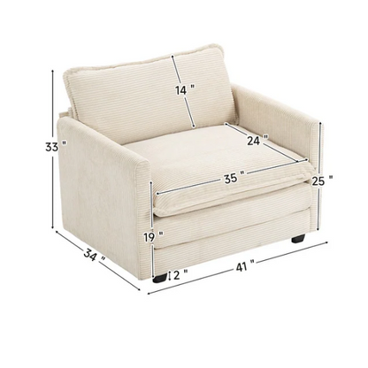 Beige corduroy accent chair with matching ottoman, featuring plush upholstery, durable wood and metal frame, and soft high-resilience foam cushions.