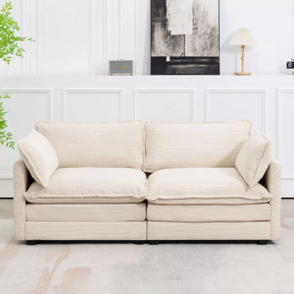 Beige corduroy loveseat sofa with modern design, plush upholstery, and two-person seating—ideal for small spaces, living rooms, or home offices.