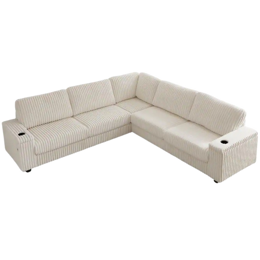 Beige corduroy modular sectional sofa with five seats, USB ports, armrest storage, built-in cup holders, and coordinating throw pillows