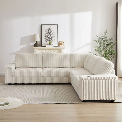 Beige corduroy modular sectional sofa with five seats, USB ports, armrest storage, built-in cup holders, and coordinating throw pillows