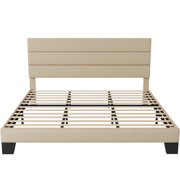 Beige king-size upholstered platform bed with rectangular headboard, linen-blend fabric, and wood slat support

