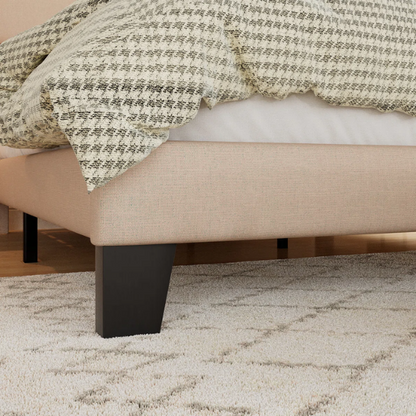 Beige king-size upholstered platform bed with rectangular headboard, linen-blend fabric, and wood slat support

