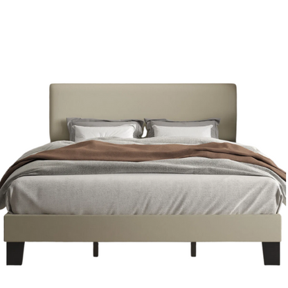 Beige king-size upholstered platform bed with adjustable linen headboard, underbed storage clearance, and padded frame for modern bedroom décor

