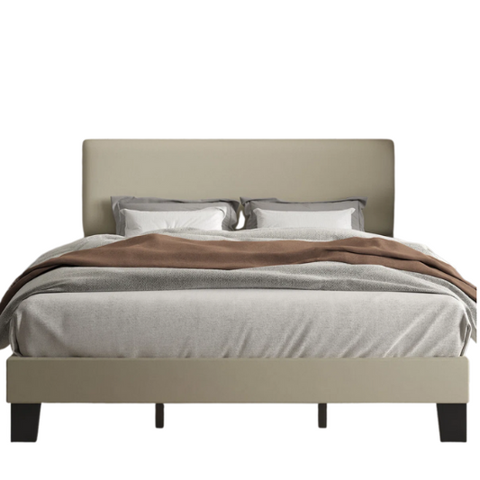 Beige king-size upholstered platform bed with adjustable linen headboard, underbed storage clearance, and padded frame for modern bedroom décor

