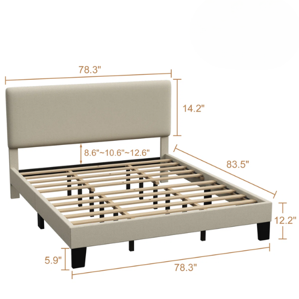 Beige king-size upholstered platform bed with adjustable linen headboard, underbed storage clearance, and padded frame for modern bedroom décor

