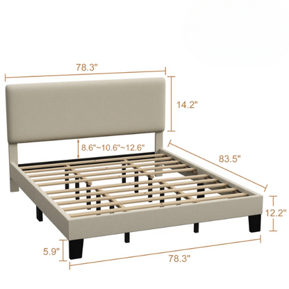 Beige king-size upholstered platform bed with adjustable linen headboard, underbed storage clearance, and padded frame for modern bedroom décor

