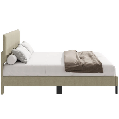 Beige king-size upholstered platform bed with adjustable linen headboard, underbed storage clearance, and padded frame for modern bedroom décor

