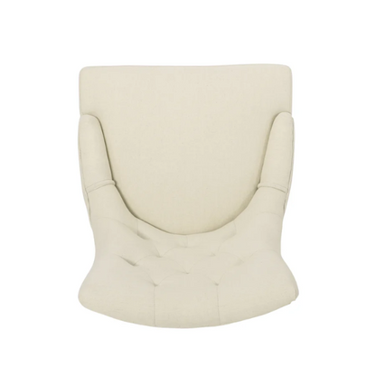 Set of four beige upholstered dining chairs featuring diamond tufting, armless design, sloped sides, and espresso brown wooden legs.
