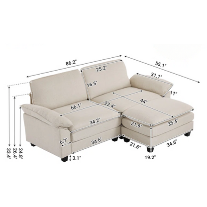 Beige modular cloud sofa with pillow top arms, deep foam cushions, and matching ottoman