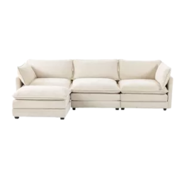 Beige three-seater modular corduroy sectional sofa with movable ottoman, modern L-shaped couch for living room, featuring plush cushions and durable wood-metal frame.