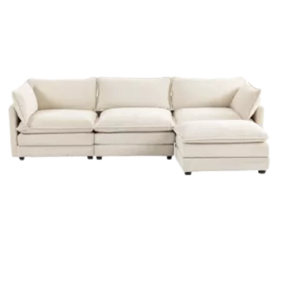 Beige three-seater modular corduroy sectional sofa with movable ottoman, modern L-shaped couch for living room, featuring plush cushions and durable wood-metal frame.