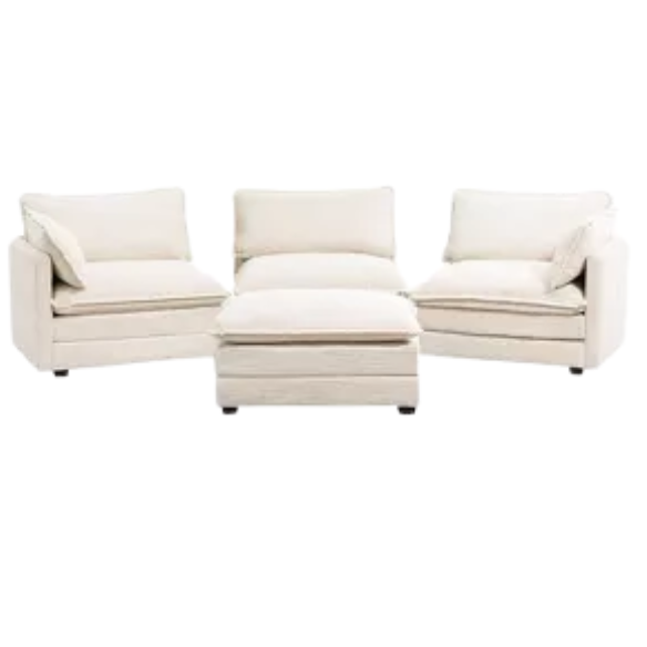 Beige three-seater modular corduroy sectional sofa with movable ottoman, modern L-shaped couch for living room, featuring plush cushions and durable wood-metal frame.
