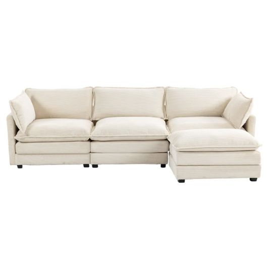 Beige three-seater modular corduroy sectional sofa with movable ottoman, modern L-shaped couch for living room, featuring plush cushions and durable wood-metal frame.