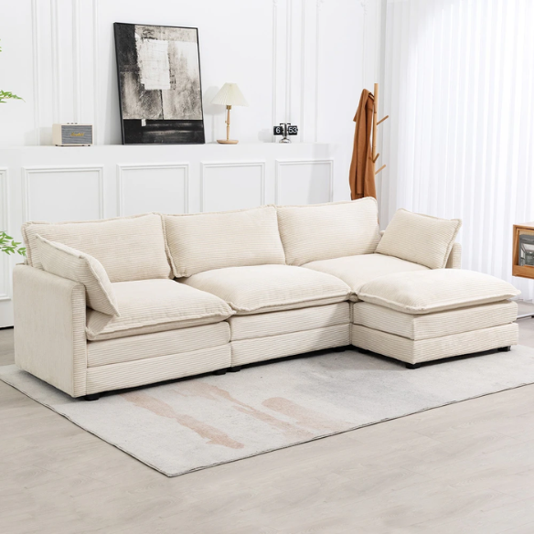 Beige three-seater modular corduroy sectional sofa with movable ottoman, modern L-shaped couch for living room, featuring plush cushions and durable wood-metal frame.