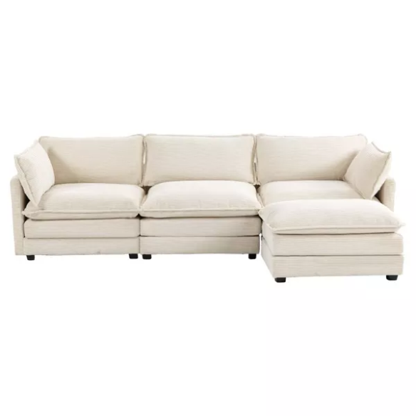 Beige three-seater modular corduroy sectional sofa with movable ottoman, modern L-shaped couch for living room, featuring plush cushions and durable wood-metal frame.