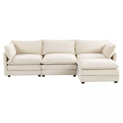 Beige three-seater modular corduroy sectional sofa with movable ottoman, modern L-shaped couch for living room, featuring plush cushions and durable wood-metal frame.