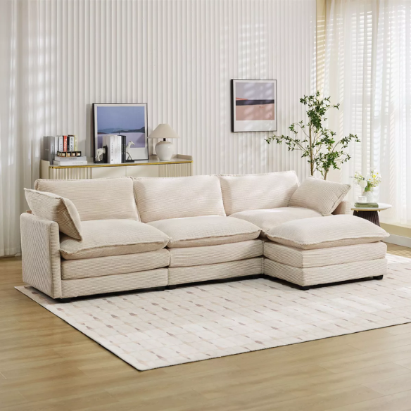 Beige three-seater modular corduroy sectional sofa with movable ottoman, modern L-shaped couch for living room, featuring plush cushions and durable wood-metal frame.