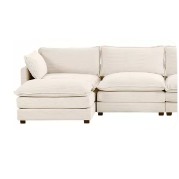 Beige three-seater modular corduroy sectional sofa with movable ottoman, modern L-shaped couch for living room, featuring plush cushions and durable wood-metal frame.