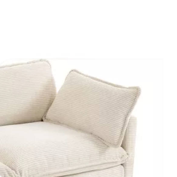 Beige three-seater modular corduroy sectional sofa with movable ottoman, modern L-shaped couch for living room, featuring plush cushions and durable wood-metal frame.