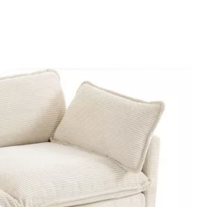 Beige three-seater modular corduroy sectional sofa with movable ottoman, modern L-shaped couch for living room, featuring plush cushions and durable wood-metal frame.