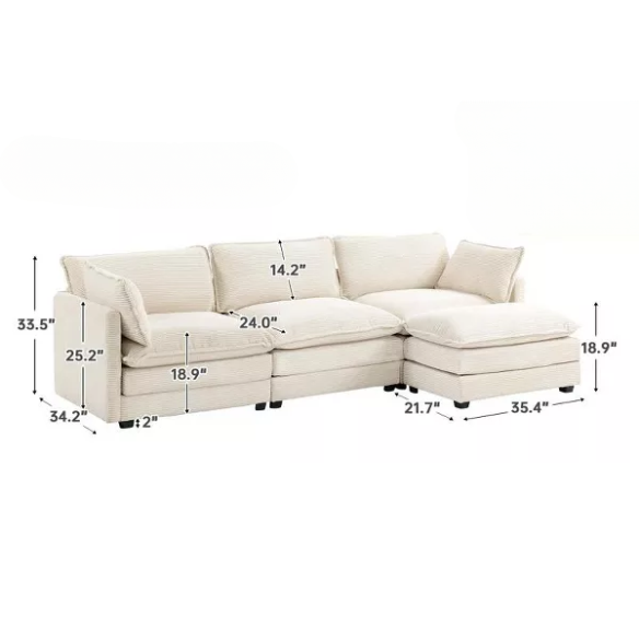 Beige three-seater modular corduroy sectional sofa with movable ottoman, modern L-shaped couch for living room, featuring plush cushions and durable wood-metal frame.
