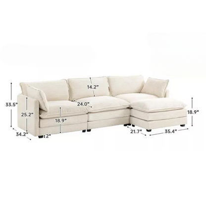 Beige three-seater modular corduroy sectional sofa with movable ottoman, modern L-shaped couch for living room, featuring plush cushions and durable wood-metal frame.
