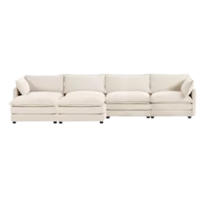 Beige corduroy 4-seat modular sectional sofa with two matching ottomans, featuring plush high-pile fabric, durable frame, and soft high-resilience cushions.