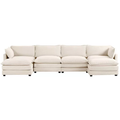Beige corduroy 4-seat modular sectional sofa with two matching ottomans, featuring plush high-pile fabric, durable frame, and soft high-resilience cushions.