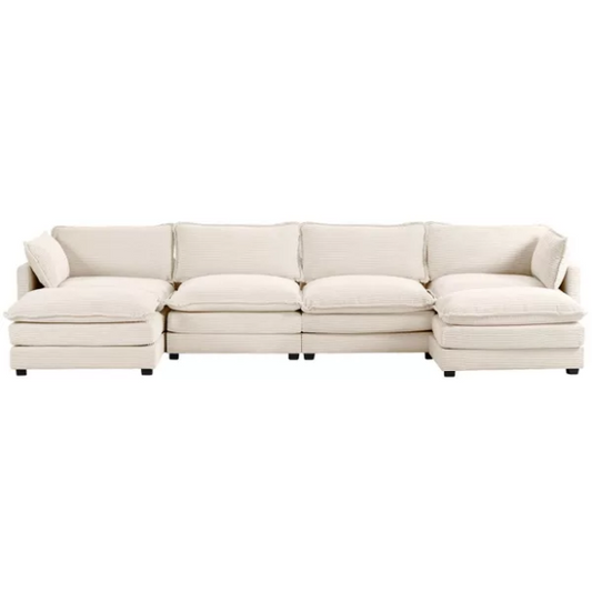 Beige corduroy 4-seat modular sectional sofa with two matching ottomans, featuring plush high-pile fabric, durable frame, and soft high-resilience cushions.