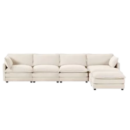 Beige corduroy 4-seat modular sectional sofa with two matching ottomans, featuring plush high-pile fabric, durable frame, and soft high-resilience cushions.