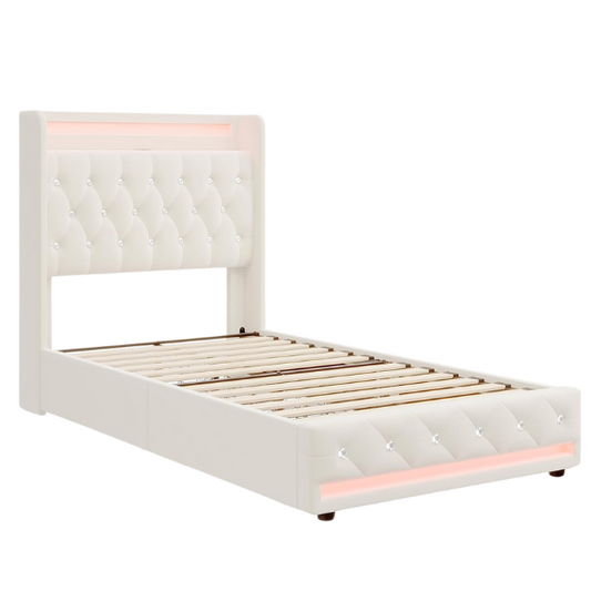 Beige twin upholstered bed frame with crystal button tufted wingback headboard, RGB LED lighting, built-in USB charging ports, and four under-bed storage drawers.

