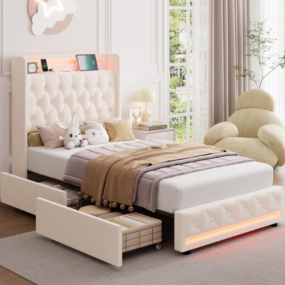 Beige twin upholstered bed frame with crystal button tufted wingback headboard, RGB LED lighting, built-in USB charging ports, and four under-bed storage drawers.


