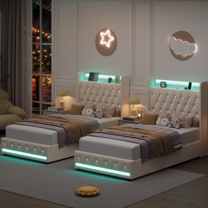 Beige twin upholstered bed frame with crystal button tufted wingback headboard, RGB LED lighting, built-in USB charging ports, and four under-bed storage drawers.

