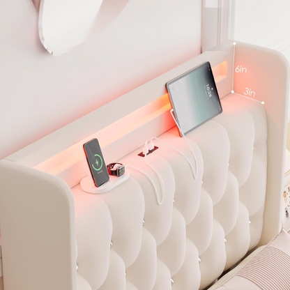 Beige twin upholstered bed frame with crystal button tufted wingback headboard, RGB LED lighting, built-in USB charging ports, and four under-bed storage drawers.


