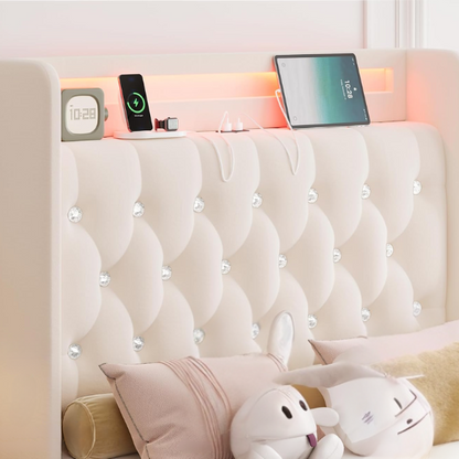 Beige twin upholstered bed frame with crystal button tufted wingback headboard, RGB LED lighting, built-in USB charging ports, and four under-bed storage drawers.

