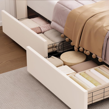 Beige twin upholstered bed frame with crystal button tufted wingback headboard, RGB LED lighting, built-in USB charging ports, and four under-bed storage drawers.

