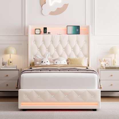Beige twin upholstered bed frame with crystal button tufted wingback headboard, RGB LED lighting, built-in USB charging ports, and four under-bed storage drawers.

