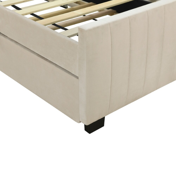 Beige twin upholstered platform bed with tufted velvet headboard and pull-out trundle, ideal for kids, teens, or guest rooms, in a soft neutral finish and space-saving design.

