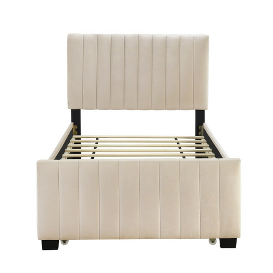 Beige twin upholstered platform bed with tufted velvet headboard and pull-out trundle, ideal for kids, teens, or guest rooms, in a soft neutral finish and space-saving design.

