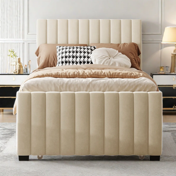 Beige twin upholstered platform bed with tufted velvet headboard and pull-out trundle, ideal for kids, teens, or guest rooms, in a soft neutral finish and space-saving design.

