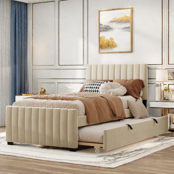 Beige twin upholstered platform bed with tufted velvet headboard and pull-out trundle, ideal for kids, teens, or guest rooms, in a soft neutral finish and space-saving design.

