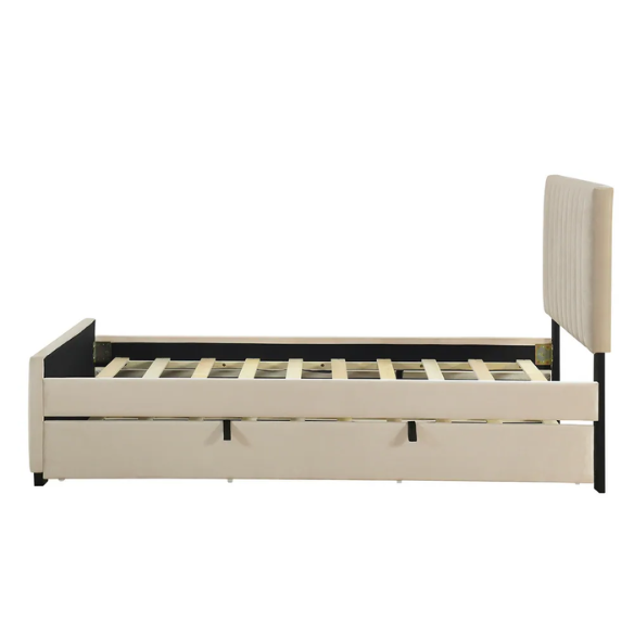 Beige twin upholstered platform bed with tufted velvet headboard and pull-out trundle, ideal for kids, teens, or guest rooms, in a soft neutral finish and space-saving design.

