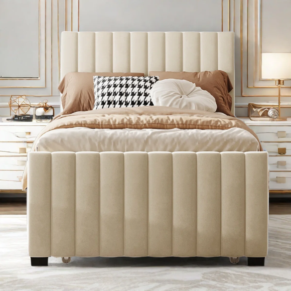Beige twin upholstered platform bed with tufted velvet headboard and pull-out trundle, ideal for kids, teens, or guest rooms, in a soft neutral finish and space-saving design.


