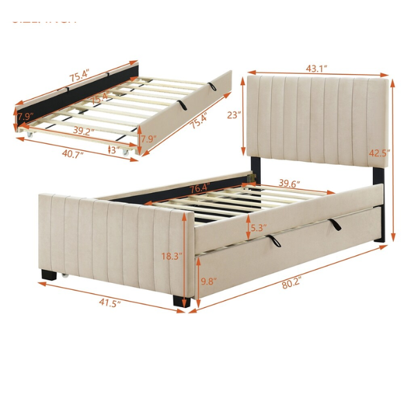 Beige twin upholstered platform bed with tufted velvet headboard and pull-out trundle, ideal for kids, teens, or guest rooms, in a soft neutral finish and space-saving design.

