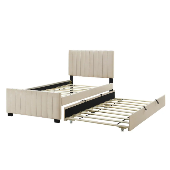 Beige twin upholstered platform bed with tufted velvet headboard and pull-out trundle, ideal for kids, teens, or guest rooms, in a soft neutral finish and space-saving design.

